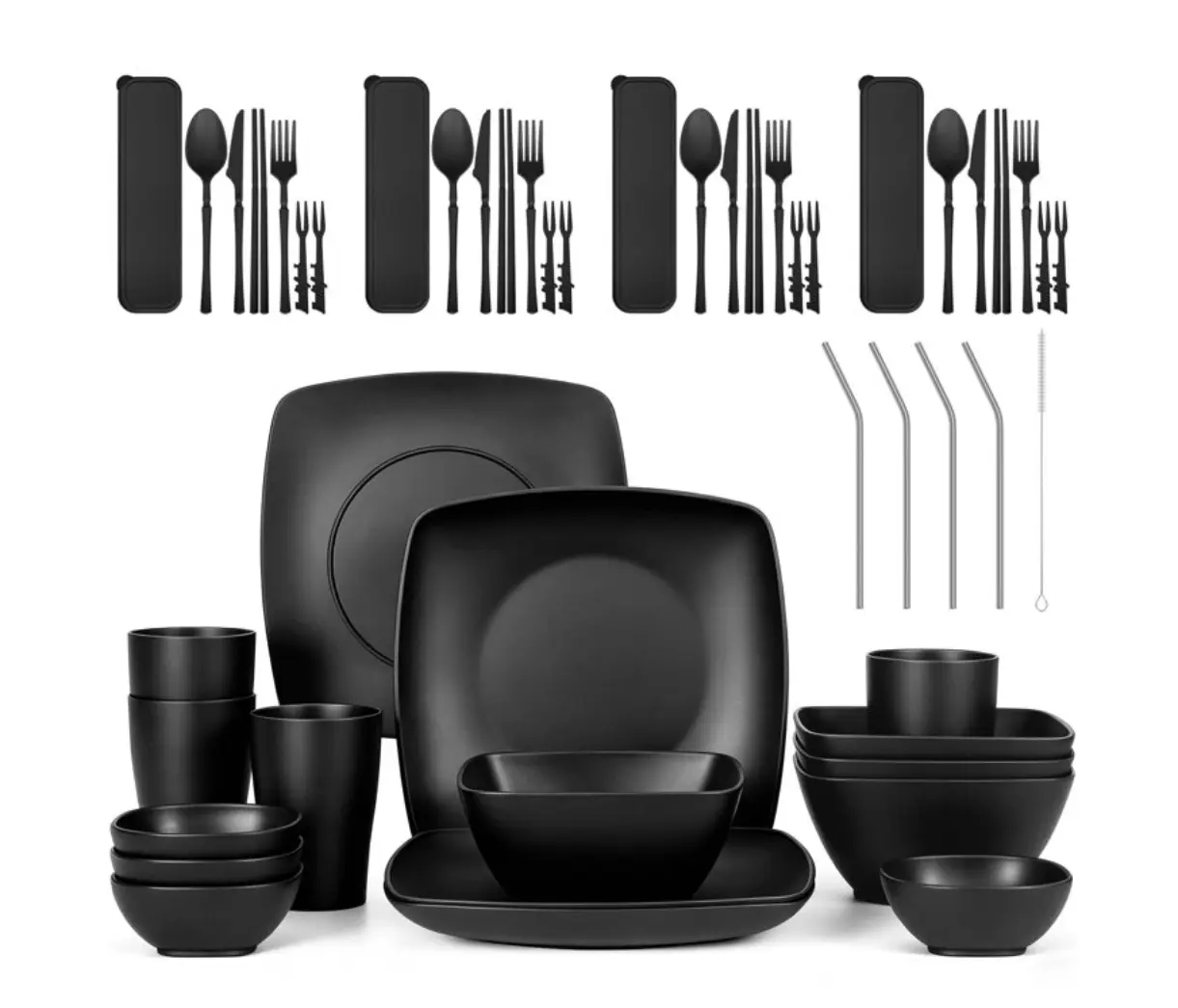 Wheat Straw Dinnerware Set for 4, 49--Piece Plates and Bowls Sets, Unbreakable Lightweight Picnic Tableware Set, Travel Camping Cutlery Set, Dishwasher & Microwave Safe