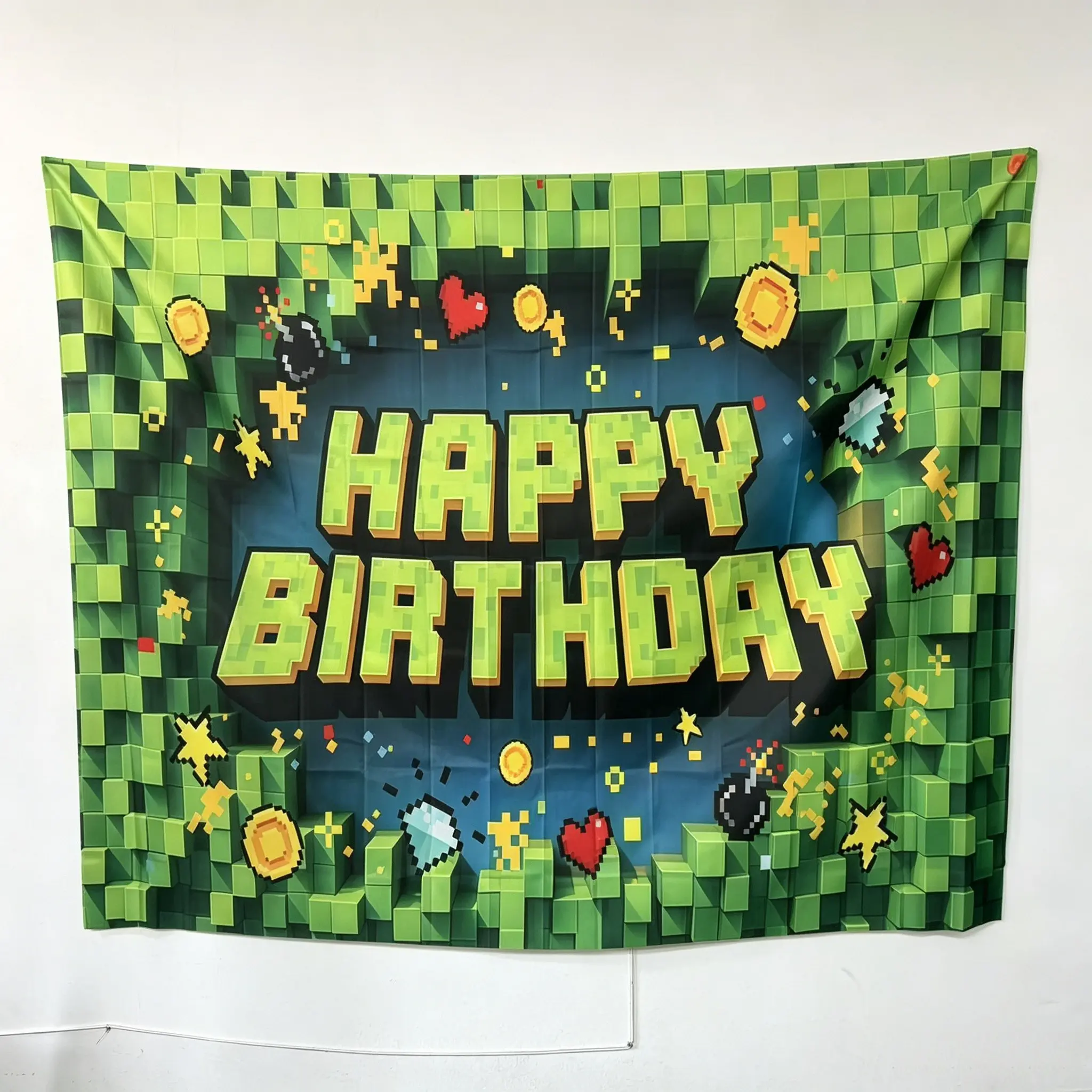 Pixel Happy Birthday Banner, Video Game Theme Birthday Banner Backdrop, Cool Gaming Party Supply with Ribbon, Party Decoration for Kids, Party Decorations Banners