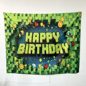 Pixel Happy Birthday Banner, Video Game Theme Birthday Banner Backdrop, Cool Gaming Party Supply with Ribbon, Party Decoration for Kids, Party Decorations Banners