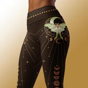 Luna Moth Witchy Yoga Leggings Hippy Boho Esoteric Luna Moth Meditation Pants Women's Leggings, Yoga Pants, High Waist Hunting Tights, Women's Outdoor Fitness Outfit