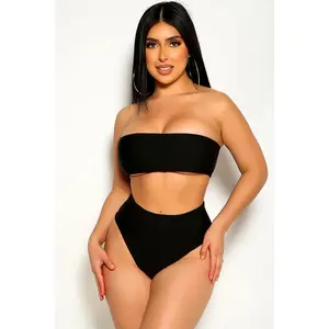 Black Bandeau, High-Waist 2-Piece Bikini Swimsuit for Sports & Outdoor Activities