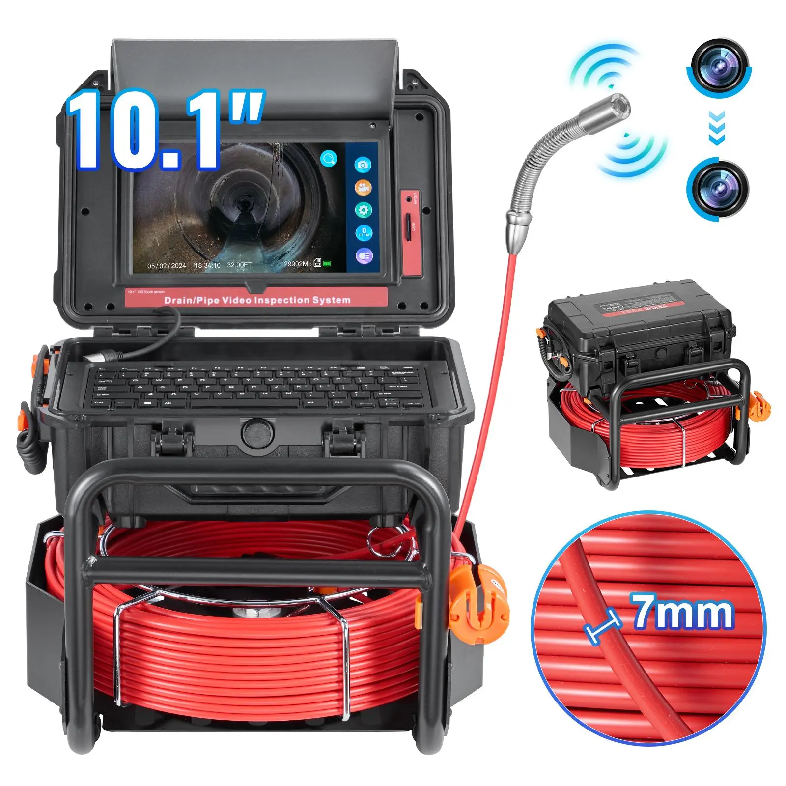 VEVOR Self-Leveling Sewer Pipe Inspection Camera, 165ft/50m Fiberglass Cable, 10.1" Touchscreen, 512Hz Transmitter, Distance Counter, IP67 Stainless Steel Snake Camera, 12 LEDs, 32GB SD Card, 1080P HD Detail, 3x Zoom for Car Repair Duct Pipes