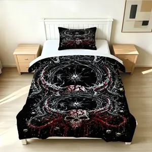 2/3Pcs Thorn Skull Printed Quilt Set, Gothic Style, Quilted Soft Polyester Bedding, Warm Cozy All Season, Perfect for Bedroom, Guest Room & Dorm Decor, with Filling, Pillow Core Not Included