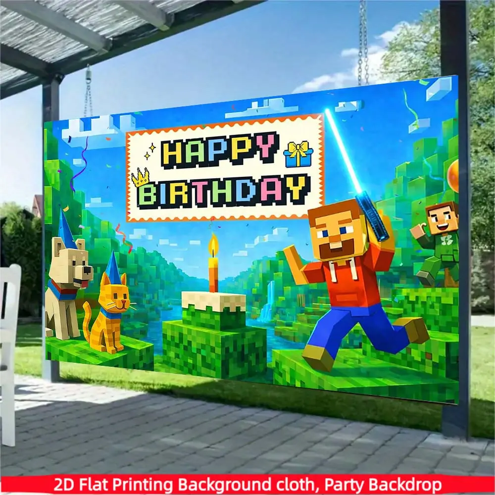1PC Pixel Game Themed Birthday Background Fabric, Polyester Material, Suitable for Photo Booths, Parties, Birthdays, Happy Birthday Decorations, Home Party Decorations, and Indoor/Outdoor Home Decorations