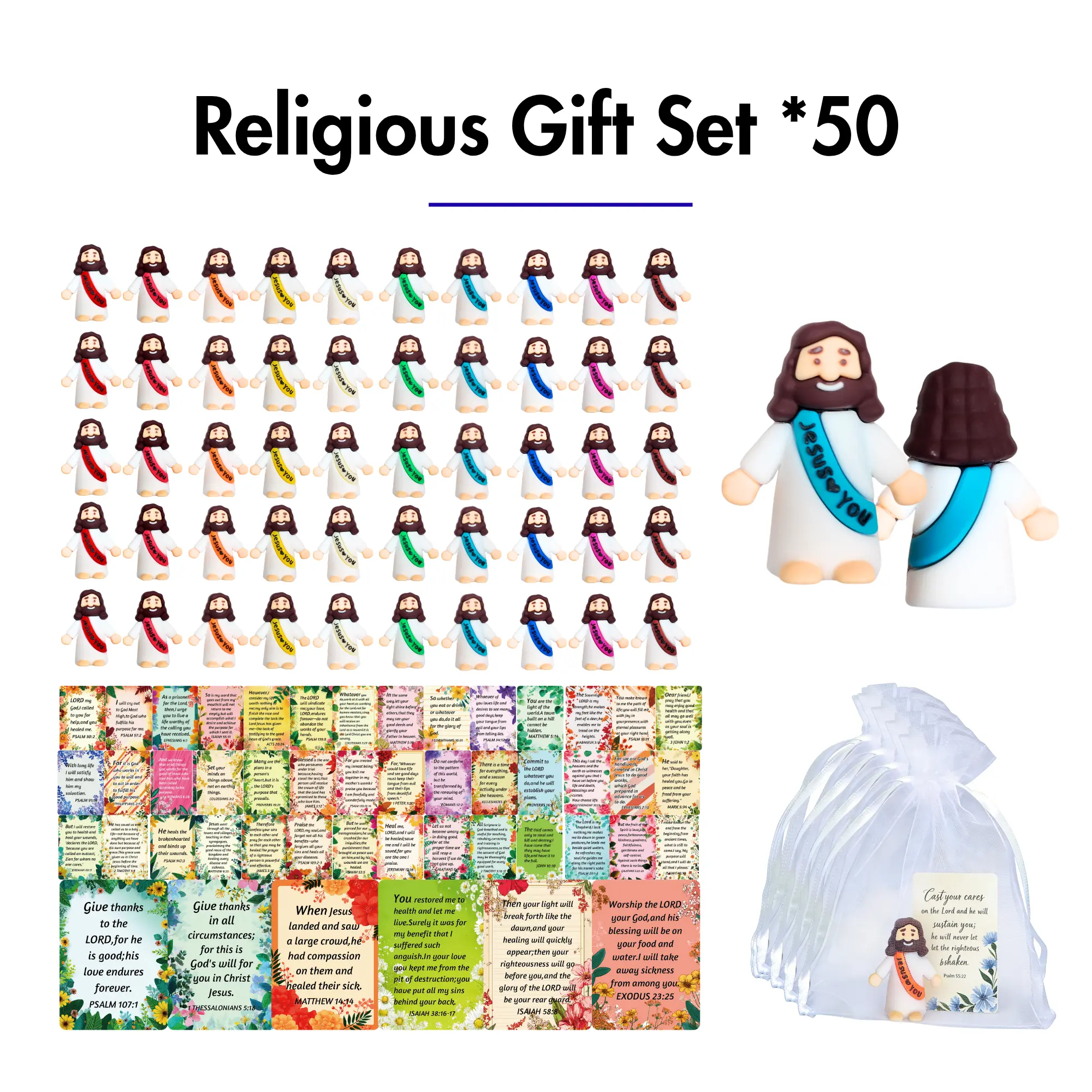 Bulk Soft PVC Christian Jesus  Mini Figurines & Bible Verse Card Sets with Organza Bags, 10-25-50 Packs Religious Ornament Mini Gifts, Baptism Favors for Women, Bible Study Supplies with Uplifting Message & Scripture Text, Includes Cards