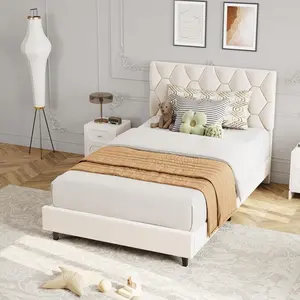 Garvee Beige Twin Upholstered Bed Frame, Heavy-Duty Platform Bed Frame with Upholstered Headboard & Strong Wood Slats, No Box Spring Needed/Noise Free/Easy Assembly