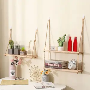 Wall-Mounted Floating Shelf with Rope, Wall Shelf Unit, Rustic Wooden Dual-Layer Wall Storage Rack, Perfect for Bathroom & Bedroom, Boho, Wall Mounted Organizer