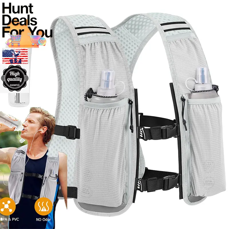 Running Vest for Women Men Lightweight with Dual 500ML Soft Flasks | Includes 500ml Soft Flask, Adjustable Reflective Water Backpack, Phone Holder, Hiking Cycling Marathon Trail Race, Grey