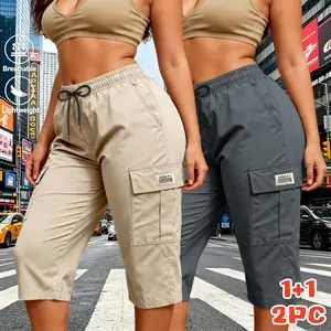 2-Pack Women’s Cargo Capri Pants – Loose Fit Drawstring Waist Casual Cropped Pants with Flap Pockets, Lightweight Summer Streetwear for Travel & Everyday Wear