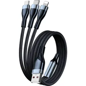 FUFFI - Three-In-One Fast Charging Data Cable, 65w Super Quick Charge, One-To-Three Port, Compatible with iPhone Samsung Xiaomi Motorola Tablets