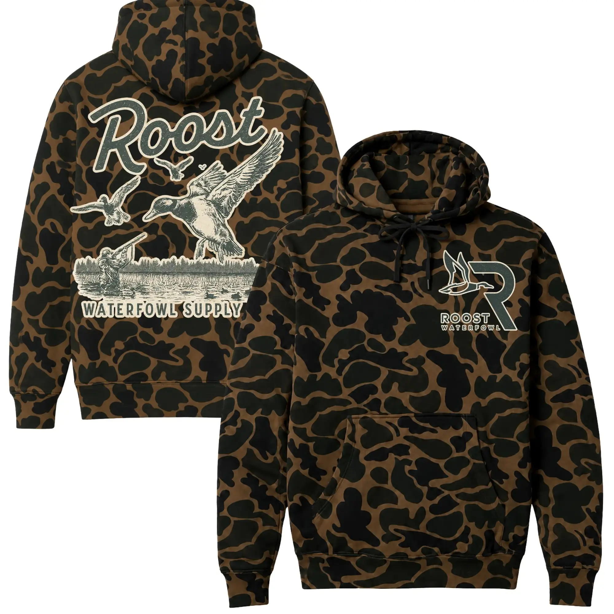 Roost Waterfowl Hunting Camo Hoodie for Men, Mossy Oak Bottomland Camo Hoodie, Waterfowl Duck Graphic Pullover Hooded Sweatshirt, Woodland Camouflage Outdoor Hunting Hoodie, Camo Hunting Hoodie
