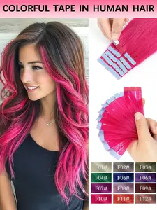 Colored Pink Green Mini Tape In Hair Extensions Human Hair Natural Pink Blue Purple Gray Mini Tape In Hair Extensions Straight Seamless PU Tape Ins Hair Extensions For Women Daily Use Party