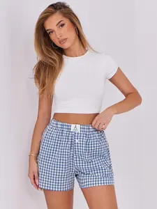 Navy Gingham Smocked Waist Button Detail Casual Shorts | Cozy Lunar New Year Nightwear Loungewear Bottoms | High Waist Relaxed Fit | Side Pockets | Versatile Daily Wear | Perfect for Sleep/Lounge/Beach Style