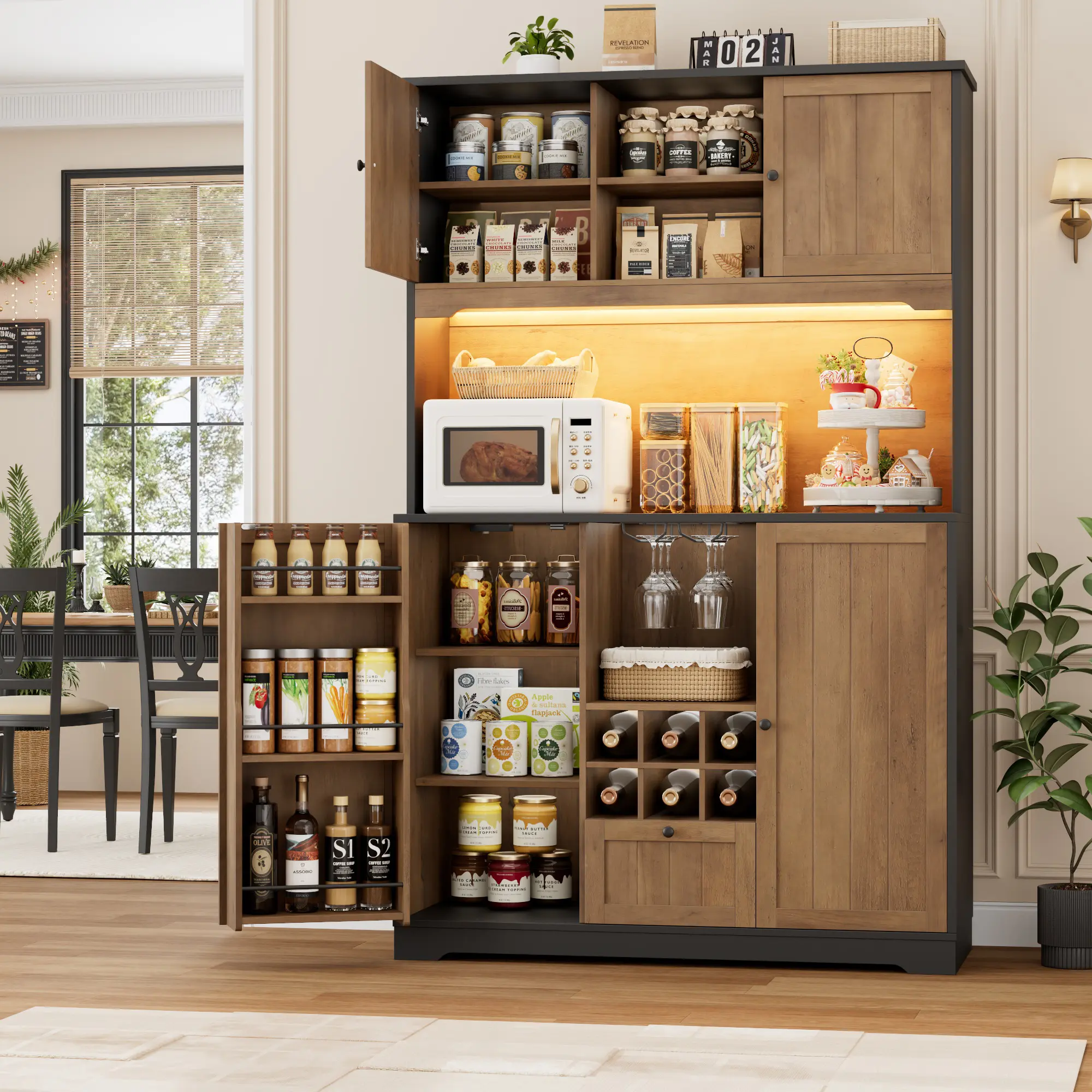 Pantry Cabinet with LED Lights, Charging Station, and Microwave Stand, #Summervibes