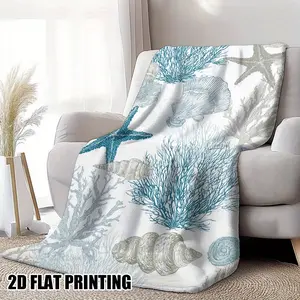1Pc Seashell And Starfish Coastal Design Print Flannel Throw Blanket - Preppy Style, Digital Print, All-Season Multipurpose, Soft Comfortable Office, Picnic, Home Decor Blanket