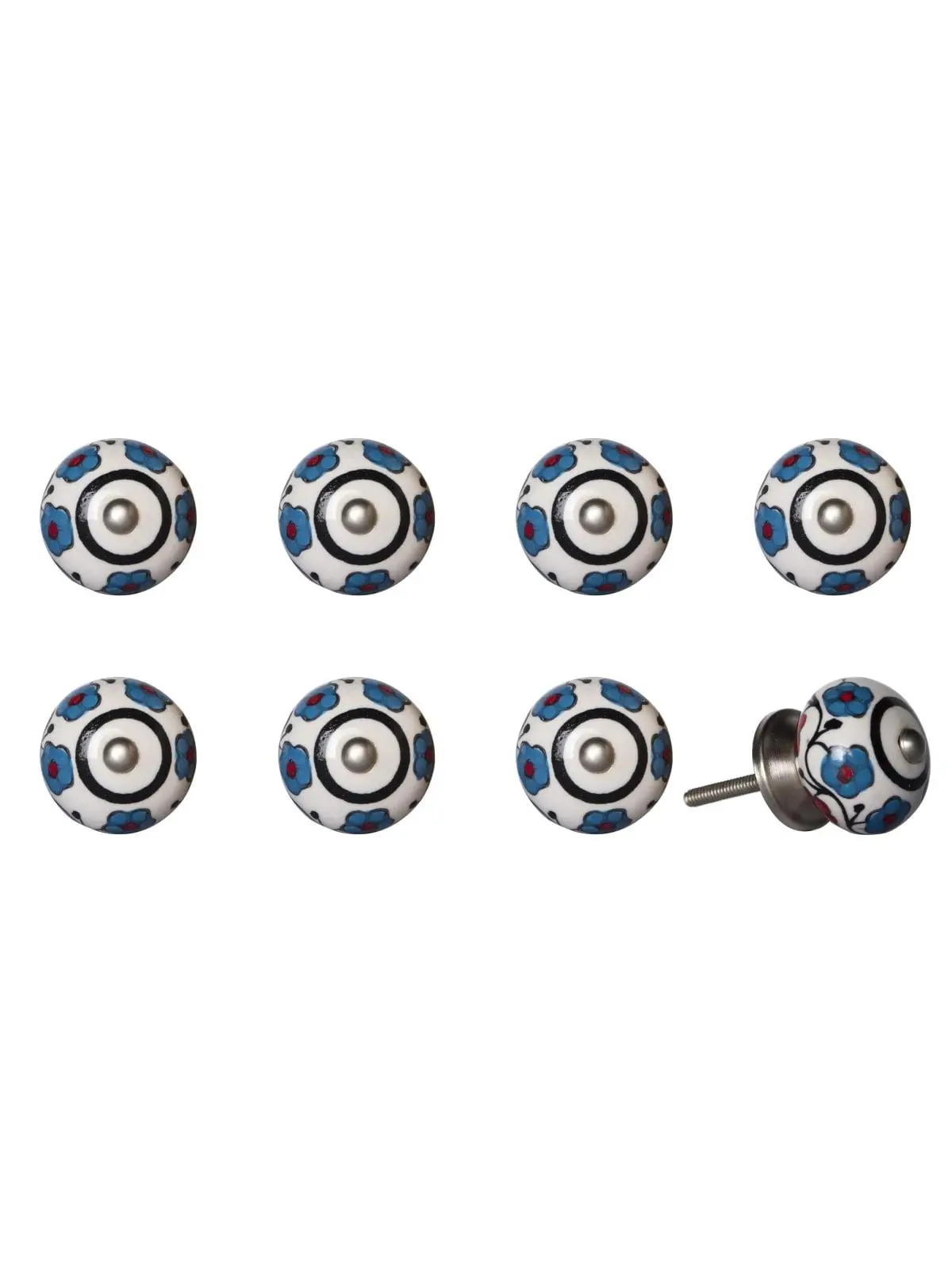 212 MAIN Blue & White Hand-Painted Ceramic-Metal Cabinet Knobs & Drawer Pulls (Set of 8, 1.5x1.5in) - Artisan Crafted Traditional Flower Decor for Living Room, Large Appliance Parts to Transform Furniture