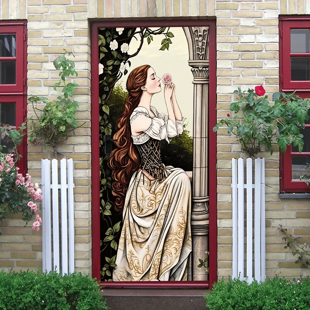 2pcs Vintage Court Style Beauty Wall Sticker European Architecture Arch Decorative Decal Living Room Entrance Bedroom Art Self Adhesive Wallpaper Romantic Rose Vine Home Background Wall Mural Removable