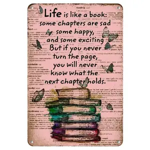 1PC,2D Flat,Vintage Aluminum Metal Wall Sign "Life is Like a Book" • Inspirational Quote with Colorful Stacked Books & Butterflies Design • Rustic Pink Background • Perfect for Living Room, Office, Classroom, Library or Cafe Decor • Book Wall Decor
