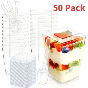50Pack 5oz Crystal Plastic Dessert Cups with Lids & Spoons - Disposable Square Parfait Cups for Mousse, Tiramisu, Pudding, Party & Catering