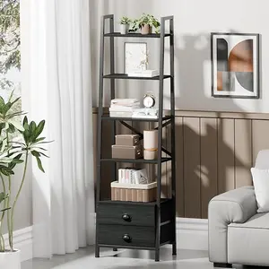 Tydimor 5-Tier 64"H Industrial Bookshelf with 2 Removable Drawers ,Black Oak