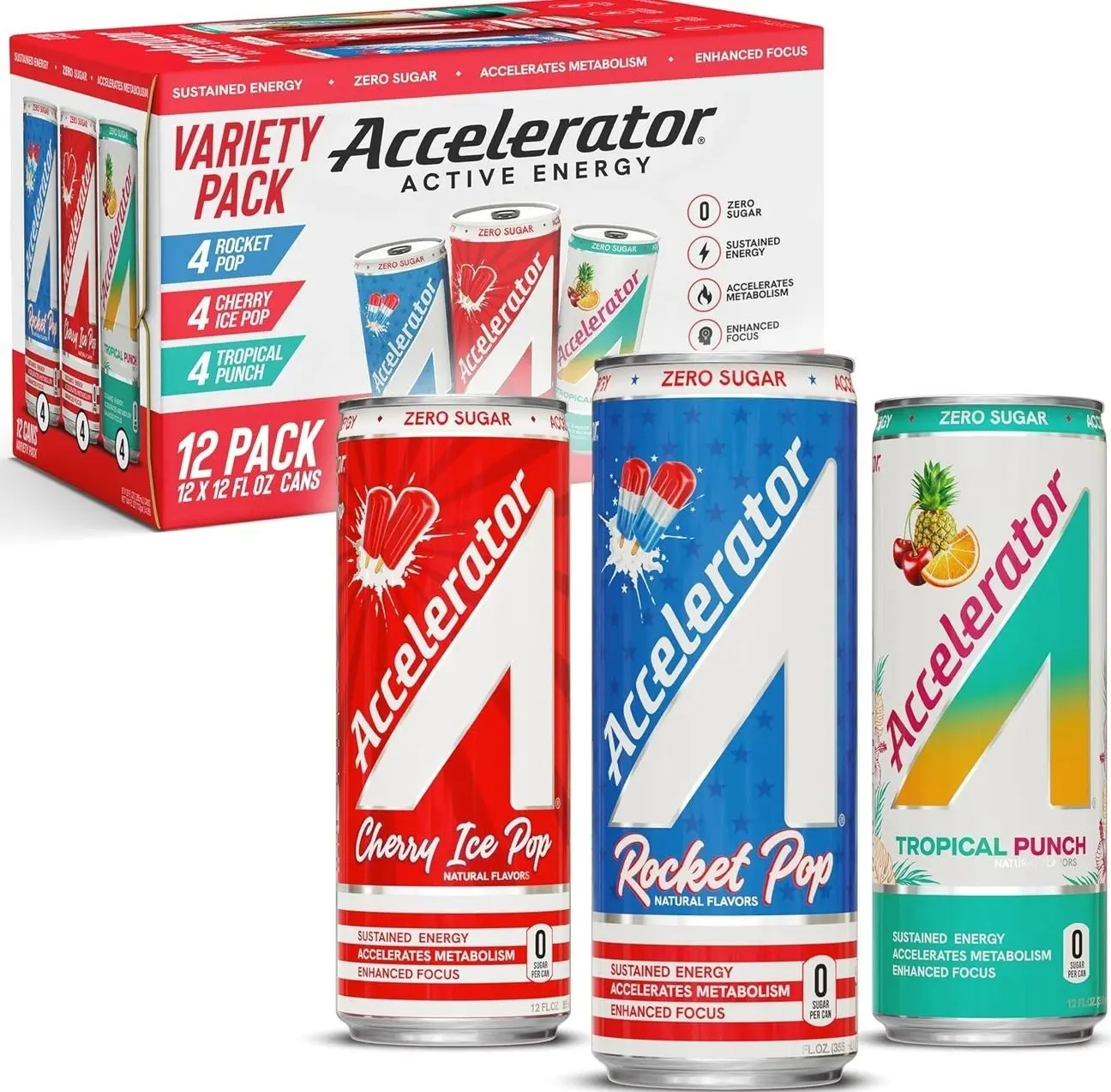 Accelerator Energy Drink, Variety Pack 12oz can (12 pack), Zero Sugar, Sustained Energy from 100% Natural Caffeine (200mg from Green Coffee Bean & Green Tea extract)