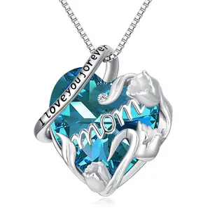 925 Sterling Silver Heart Pendant Necklacer with Blue Crystal Jewelry Gift for Mom I Love You Forever