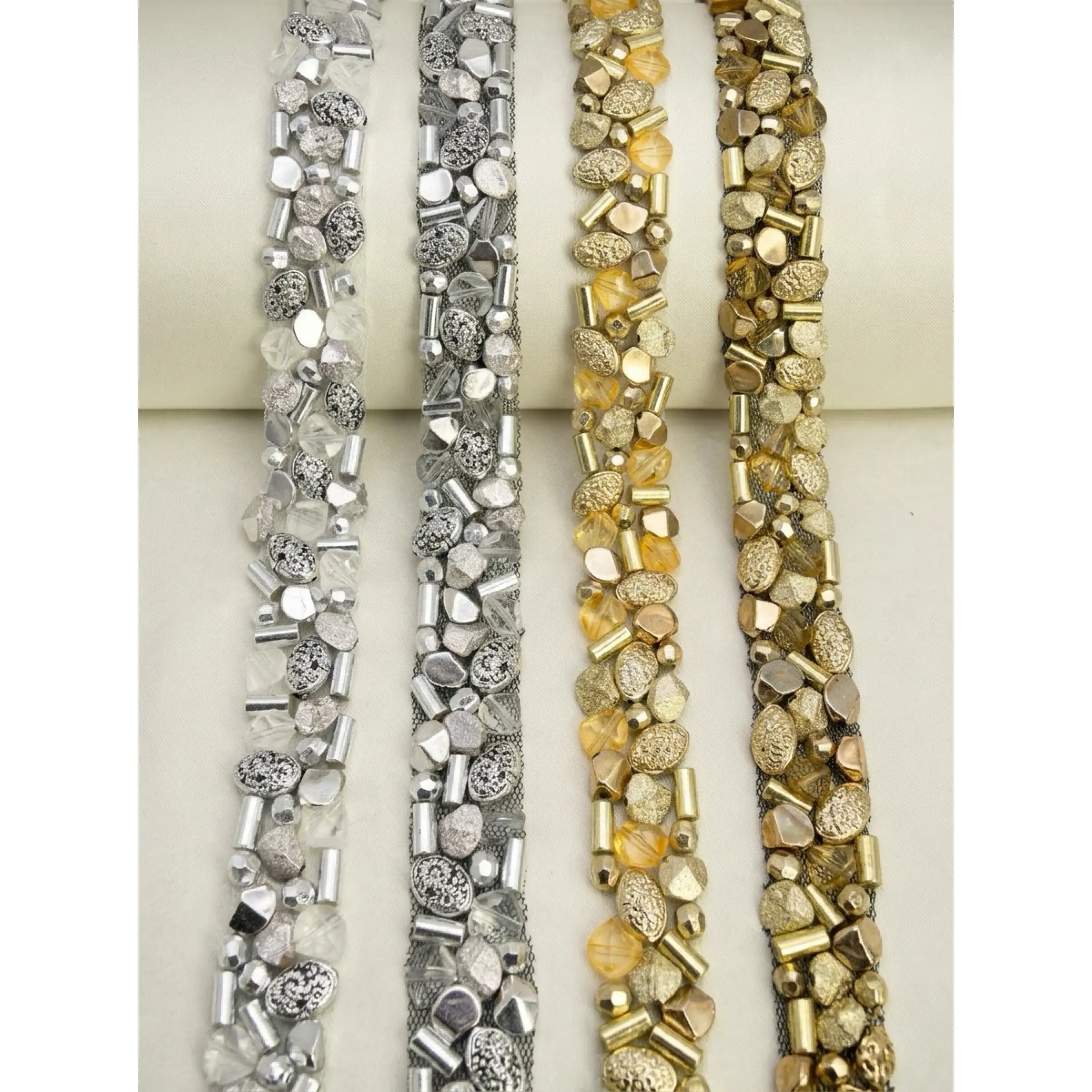 Gold Beaded Trim, Metallic Embellished Trim, Chunky Bead Lace Trim, Statement Trim for Sewing or Self Adhesive by the Yard - Made in USA