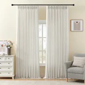Pinch Pleated Linen Curtains 96 Inches Long for Living Room, Thick Semi Sheer Light Filtering Memory-Trained Back Tab Drapes, Natural Pinch Pleat Curtain with Hooks Rings for Bedroom Office, 2 Panels