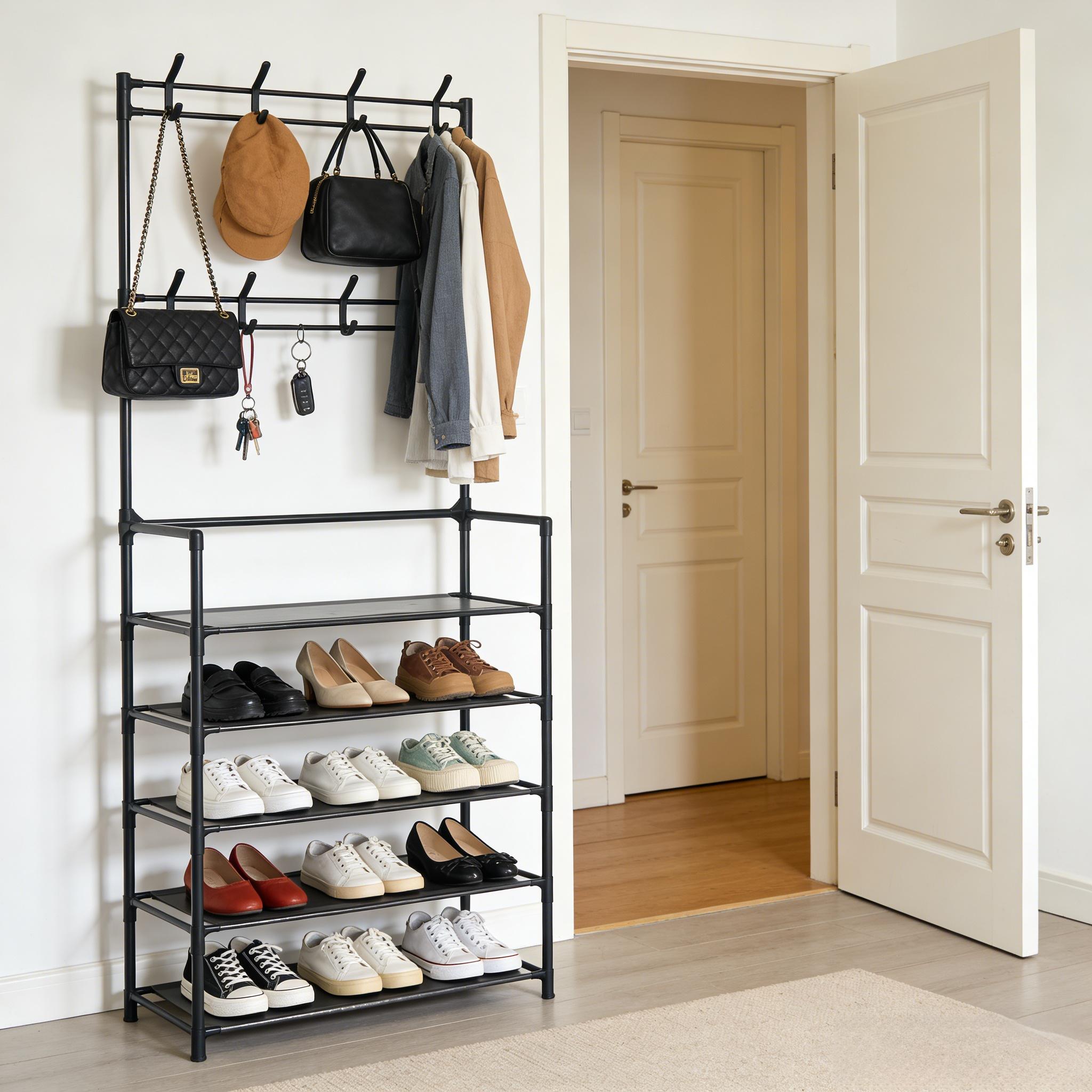 Nordic style white coat, hat, and shoe rack integrated floor standing hanging rack, multi-layer shoe rack, entrance storage rack (68in * 24in * 10.23in)