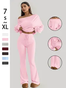 One Shoulder Long Sleeve Loose Crop Top and High Waisted Drawstring Skinny Vintage Bell Bottoms, Yoga Fitness Workout, Fall & Winter