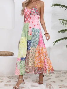 Bohemian Patchwork Maxi Dress, Floral Print Spaghetti Strap, Summer Beach Vacation Sundress for Women, Stylish & Comfortable
