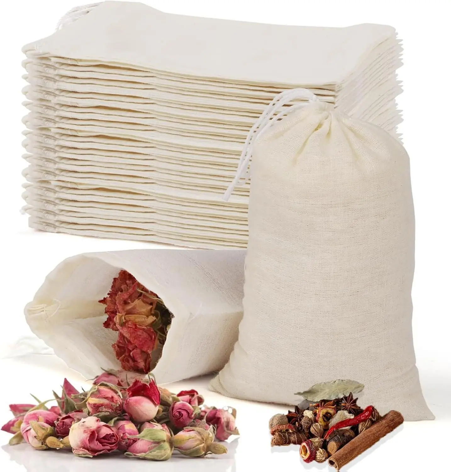 60 Pcs Unbleached Cotton Spice Bags 3x4 In Natural Muslin Drawstring Reusable Tea Bags for Soup Loose Tea Straining Cheese Cloth Herb Sachets