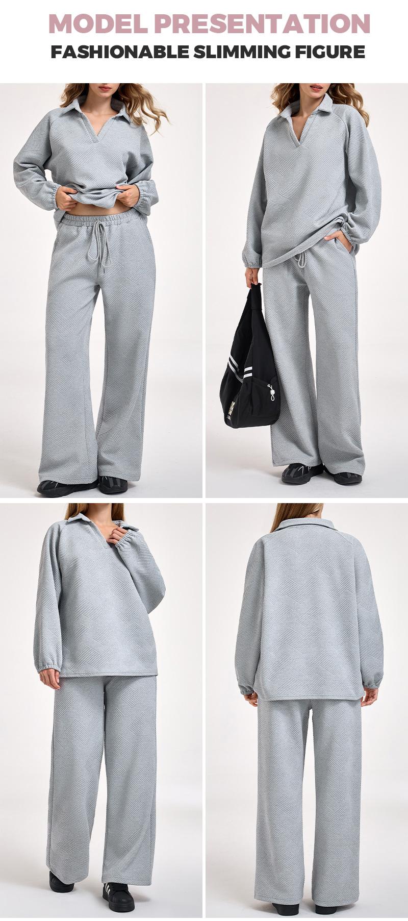 Cozy 2 Piece Jacquard Loungewear Set for Women Oversized V Neck Top & Wide Leg Pants Casual Comfy Sweatsuit for Daily Wear