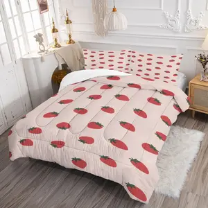 Cute Strawberry Print Comforter Set, 2/3-Piece (1 Comforter + 1-2 Pillowcases) All-Season Soft Bedding, Pink Sweet Fruit Design – Perfect Gift for Girls & Girly Bedroom Decor Bedding Sets