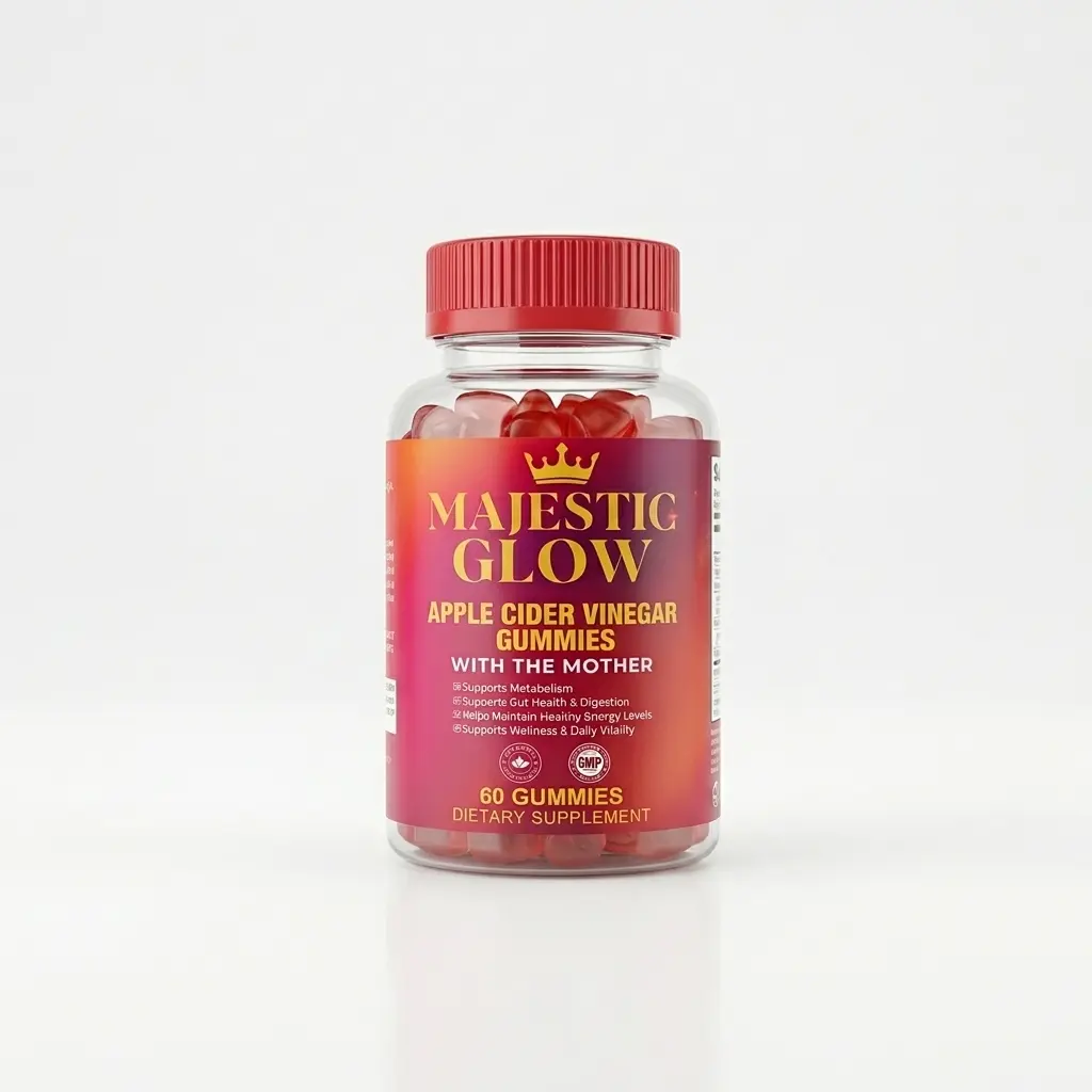 Majestic Glow Natural Apple Cider Vinegar Chewable Gummies, 60-Count Fruity Tangy Snack, Supports Metabolism, Digestive Health, Well-Being & Daily Vitality (US Formula)