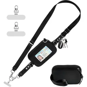 Clip and Go Strap for Phone with Wallet Crossbody Phone Lanyard Adjustable and Detachable RFID Wristlet Wallet with ID Window and Zipper, Black