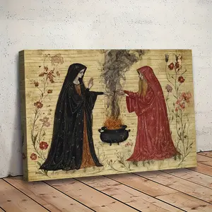 2D Flat, 1 Piece Medieval Manuscript Witchcraft Art Print - 27.94x 38.1cm Wooden Frame Canvas Wall Decoration, Mysterious Red and Black Witch with Floral Cauldron Scene, Waterproof Ready-to-Hang Gothic Style Artwork, Suitable for Living Room, Bedroom, Off
