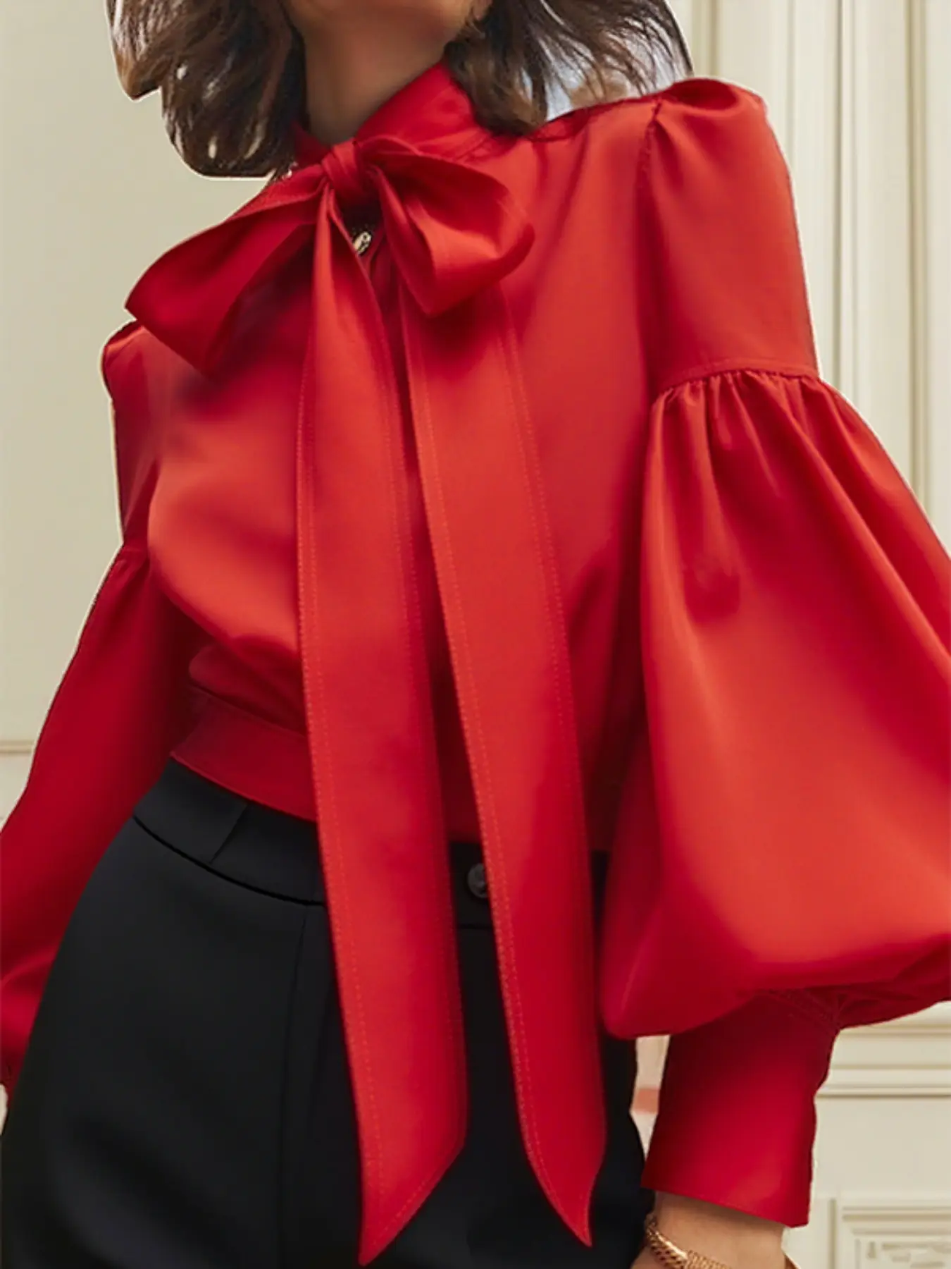 Elegant Bubble Sleeve Bow Tie Pure Color Solid Stand Collar Long Sleeve Shirt Top, Stylish Chic Fitted Women's Blouse for Casual and Formal Wear, Style, Womenswear