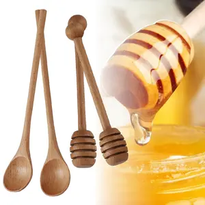 2pcs 6inch Honey Dipper Stick, 2pcs 7.87inch Long Handle Coffee Stirring Spoons,Beech Wooden Honey Jar Spoons Stirrer, Dessert Iced Tea Cocktail Mixing Spoon for Home Kitchen,Wedding Party Favors