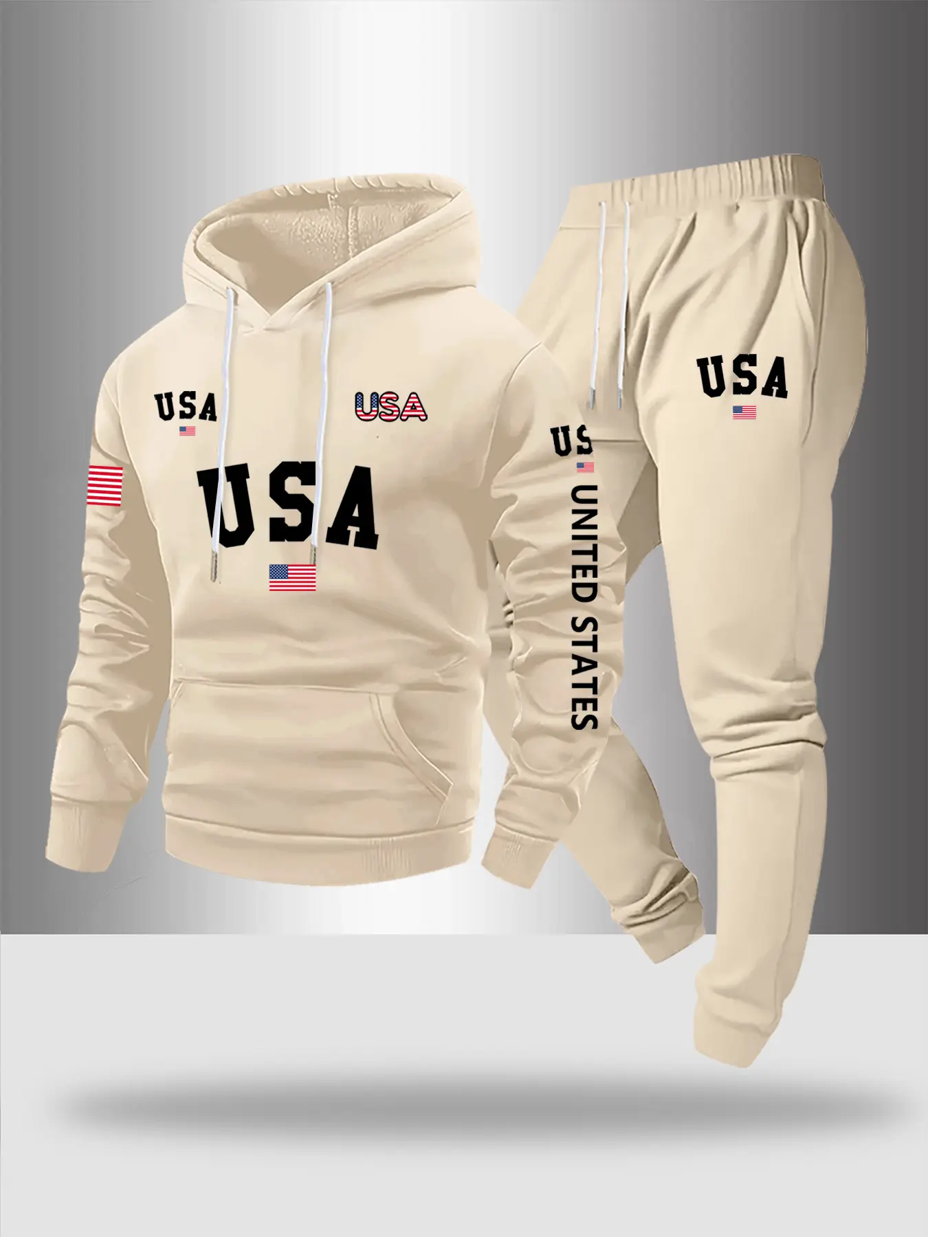 Men's Letter Print Hoodie Set, Usa Flag Design, Pocket Drawstring Long Sleeves Sweatshirt & Elastic Waist Pants, Fall Winter Casual Wear, Track Pants Set, Hooded Sweatshirt Set