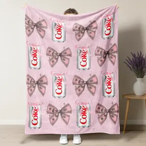 Diet Coke Pink Dollar Bows Flat Velvet Original Blanket, Coca-Cola can with pink ribbon Print Blanket Soft Office Bedding Blanket PlushThin Quilt Holiday Gift,Gifts suitable for girls