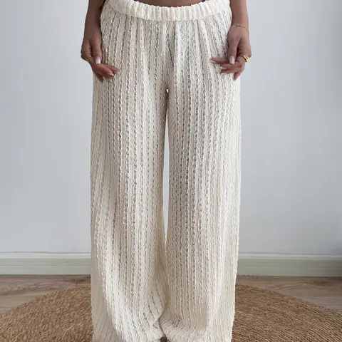 Crochet Knit Woven Pants for Women Beach Cover Up Wide Leg Flowy High Waisted Loose Baggy Lace Hollow Out Long Pants High Waist Elastic Summer Vacation Outfit Chic Resort Elegant Style See Through Bohemian Palazzo Trousers Bottom Womenswear