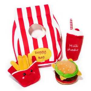 Doggy Bag with Fast Food Dog Toys - Engaging Squeaky Hamburger Fries & Milkshake Plush Toys for Playtime Fun