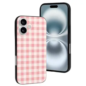 Compatible with Iphone 16 Case Cute - White Pink Plaid Soft Silicone Case Compatible with Iphone 16 Phone Case for Women Men