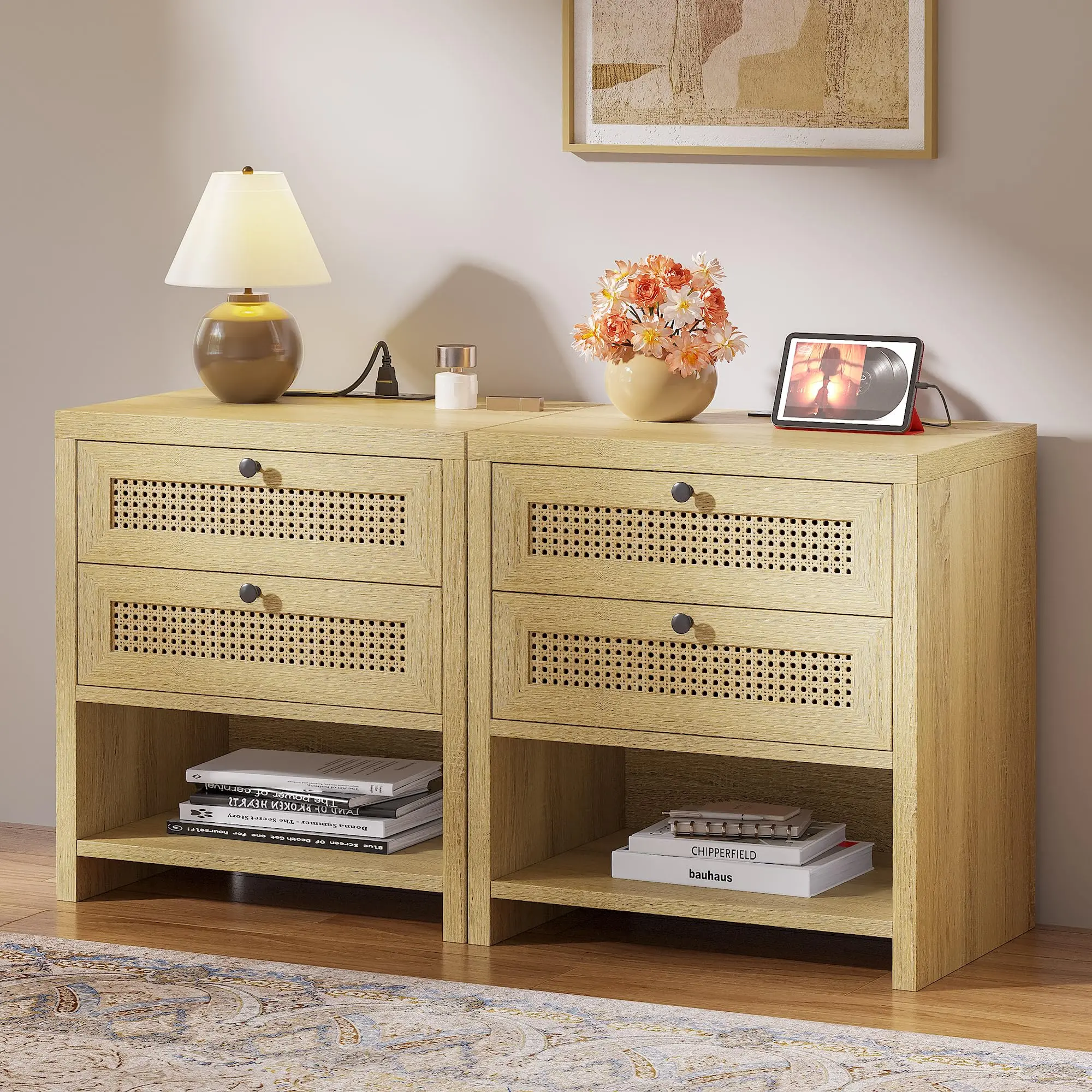 LIKIMIO Modern Accent Tables 2-Piece Boho Rattan Blend Nightstands Set - Pre-Assembled Bedroom Bedside Table with USB Port, 2 Drawers, Open Shelf, Flat Top, Reinforced Legs