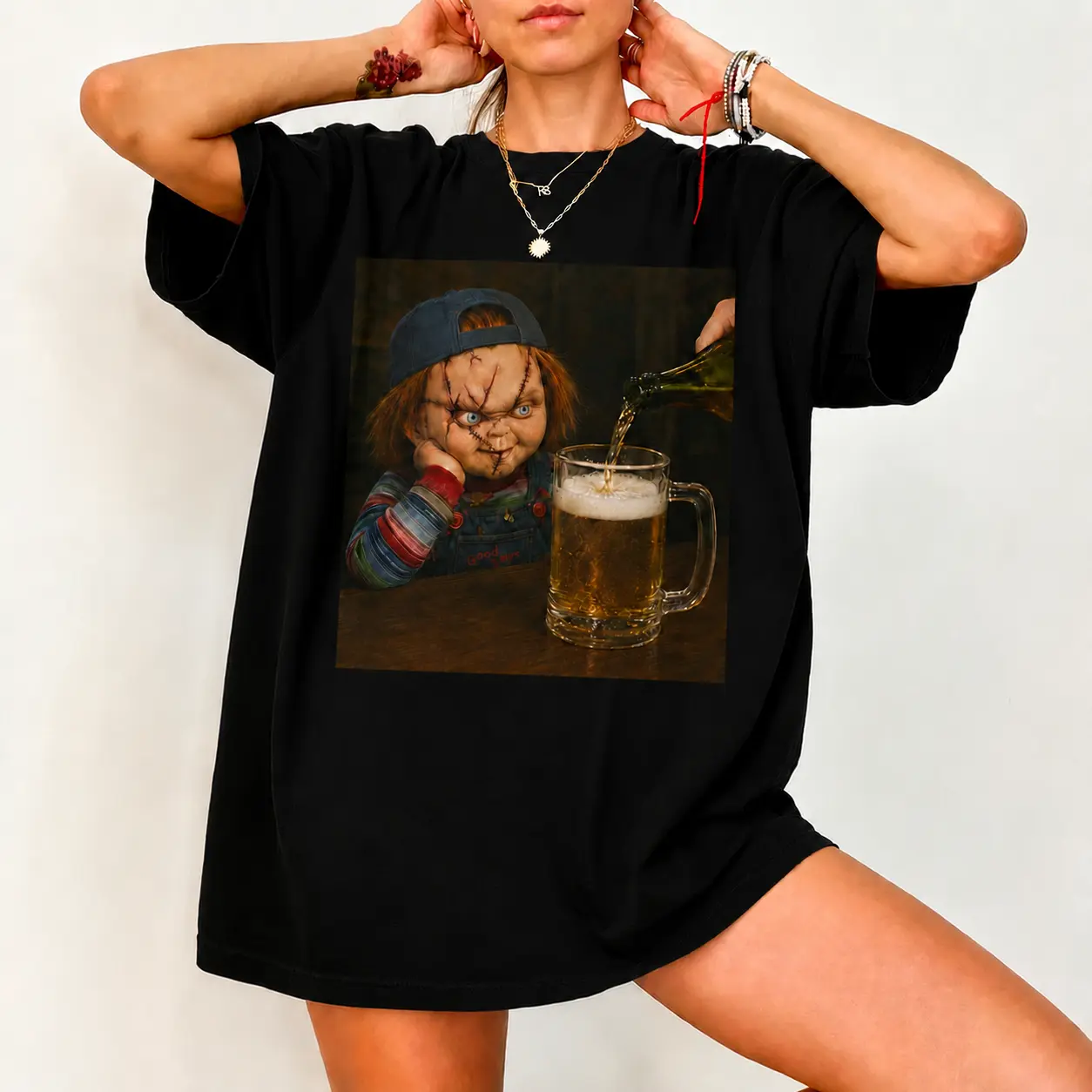 Chucky Beer Halloween T-Shirt, Funny Horror Doll Drinking Graphic Tee, Retro Scary Movie Shirt, Unisex Spooky Season Gift for Horror Fans