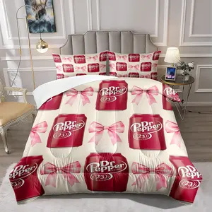 Whimsical Dr Pepper Cans and Pink Bows Comforter Set, Charming Decorative Bedding Set, Playful and Cozy for Bedroom Decor, Perfect for a Fun and Stylish Room Makeover, with 1 or 2 Pillowcase No Pillow Core