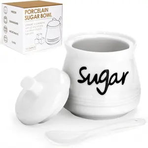 12 Ounces Ceramic Porcelain Sugar Bowl with Lid and Spoon Sugar Jar Dispenser Container for Home Kitchen Decor (White)