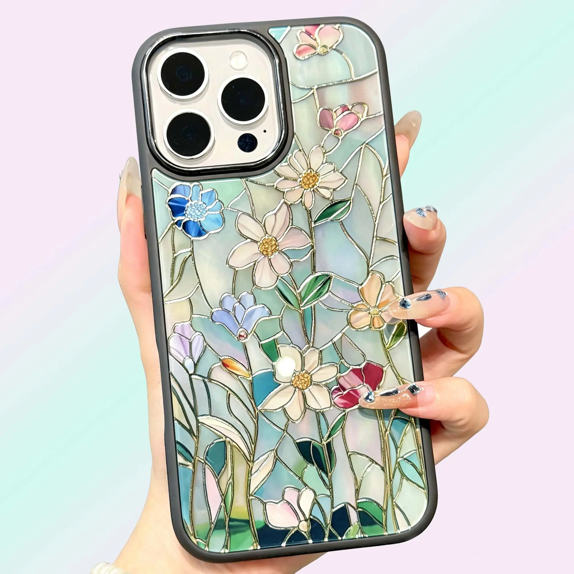 Summerwins Stained Glass Inspired Floral Print Magnetic iPhone Case - MagSafe Supported, Wireless Charger Compatible, Raised Bezel, Fits 17/16/15/14/13/12 iPhone Series Accessories