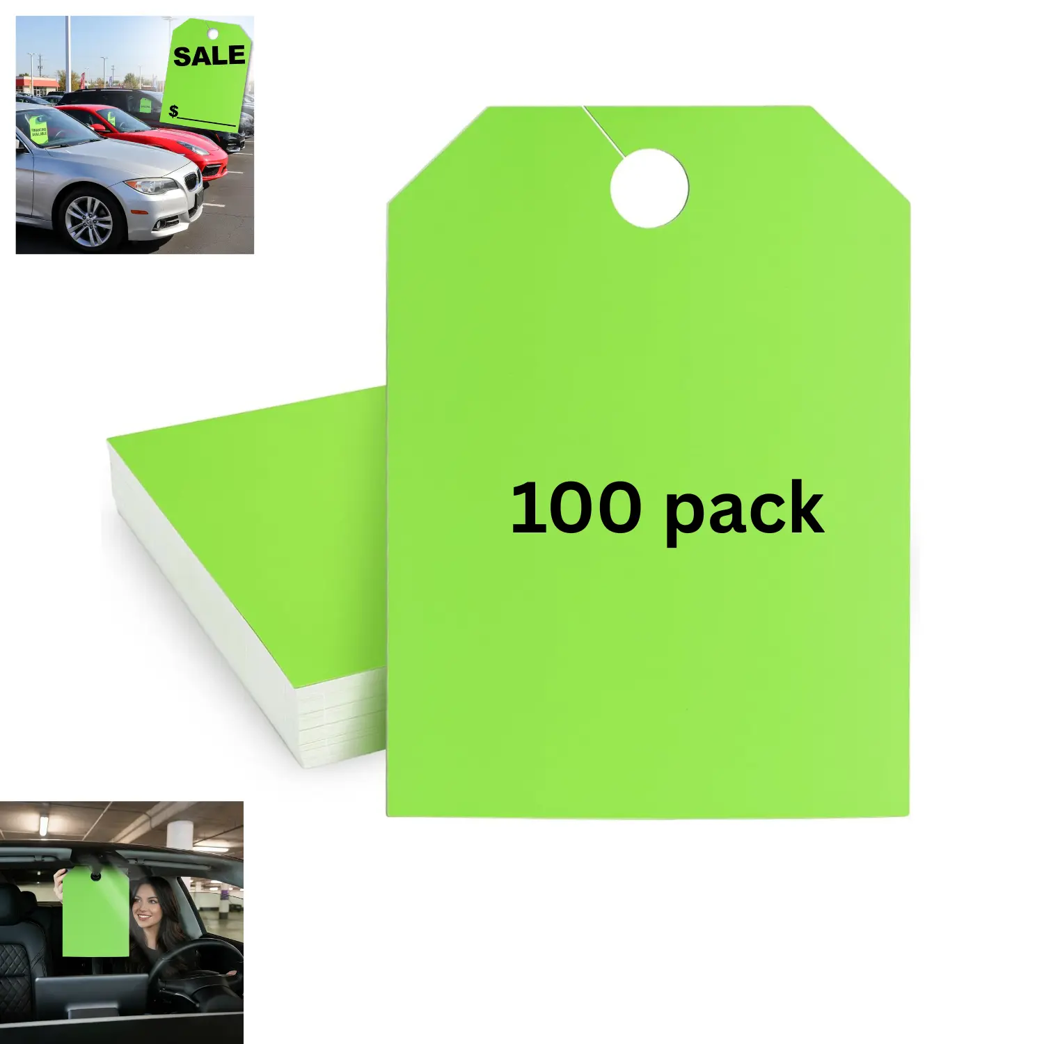 100 Pcs Fluorescent Green Car Mirror Hang Tags 8.5" x 11.5" Large Rearview Hanger for Auto Dealership Printer Friendly Parking Pass Permit Signs